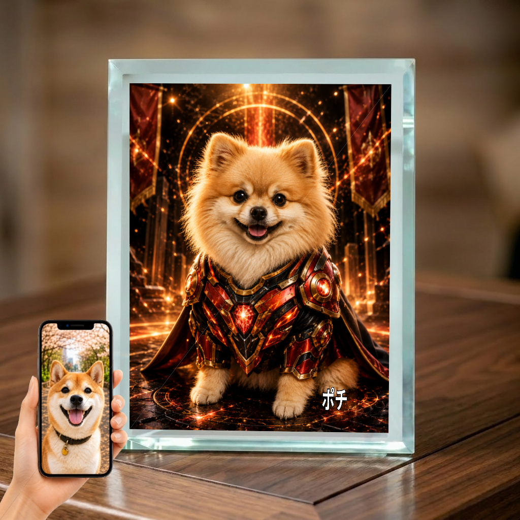 愛犬 写真入り 名入れ ガラスフォトパネル パワードスーツヒーロー犬