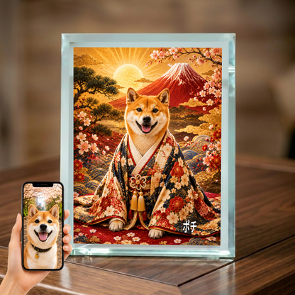愛犬 写真入り 名入れ ガラスフォトパネル 赤富士 縁起物 うちの子ギフト