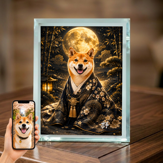 愛犬 写真入り 名入れ ガラスフォトパネル 月夜の守り犬 和風アート