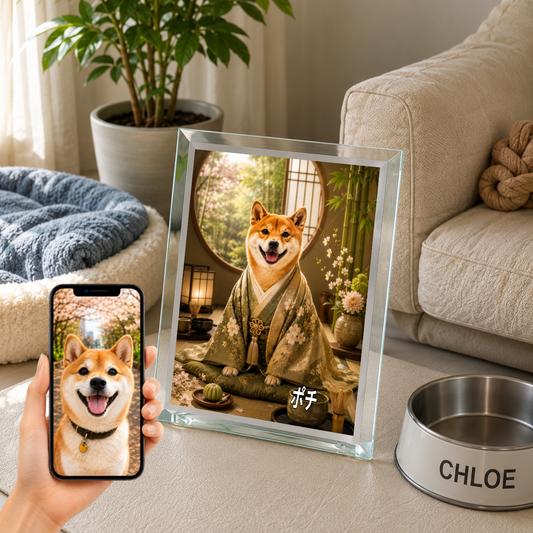 愛犬 写真入り 名入れ ガラスフォトパネル 茶室 上品な和犬 うちの子アート