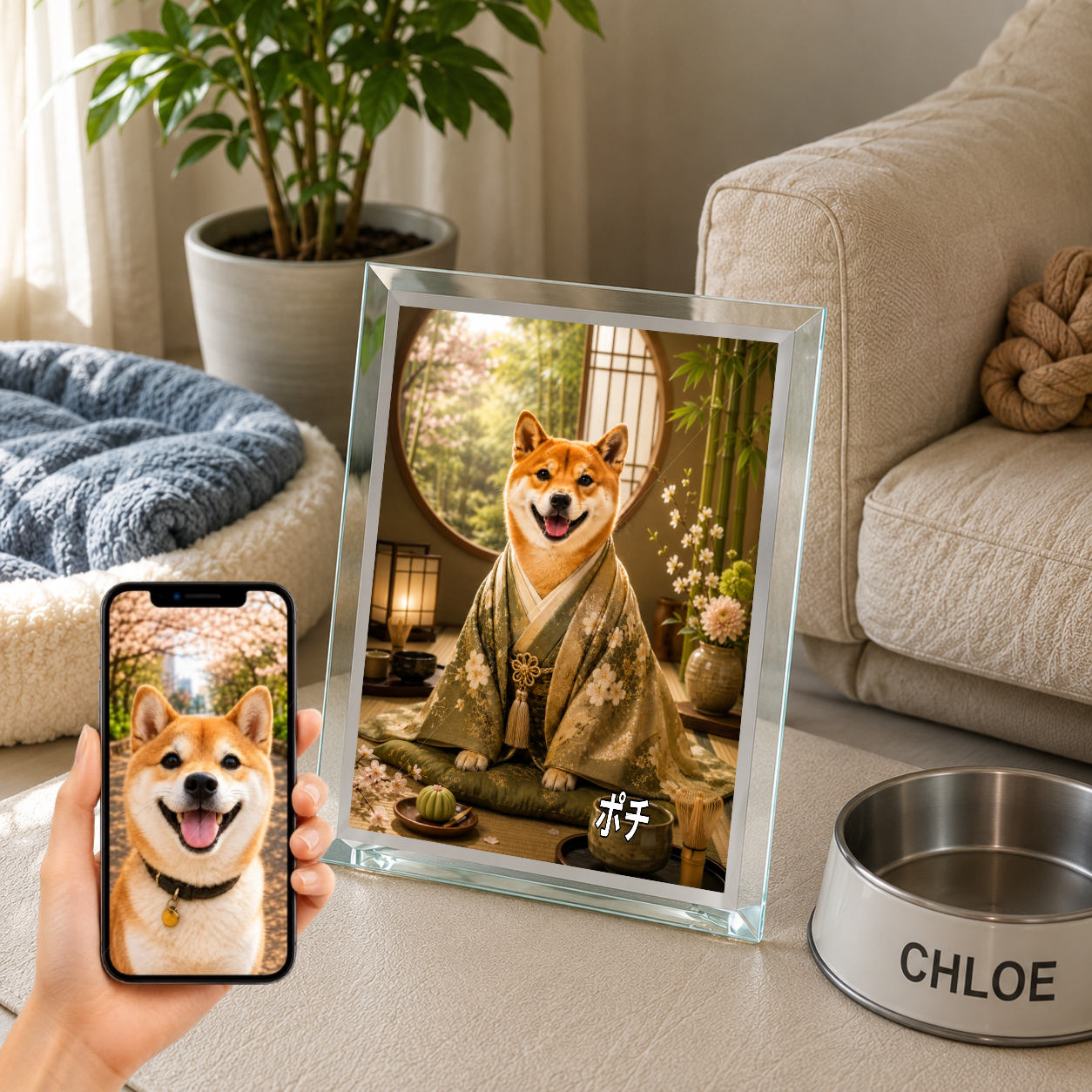 愛犬 写真入り 名入れ ガラスフォトパネル 茶室 上品な和犬 うちの子アート