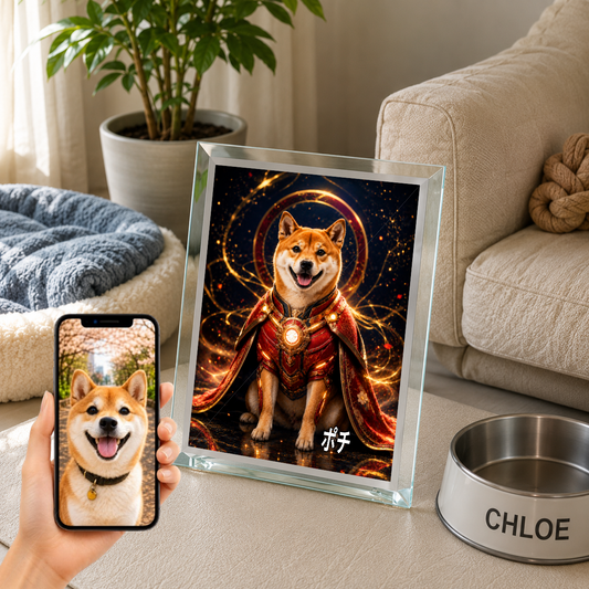 愛犬 写真入り 名入れ ガラスフォトパネル パワードスーツ ヒーロー犬