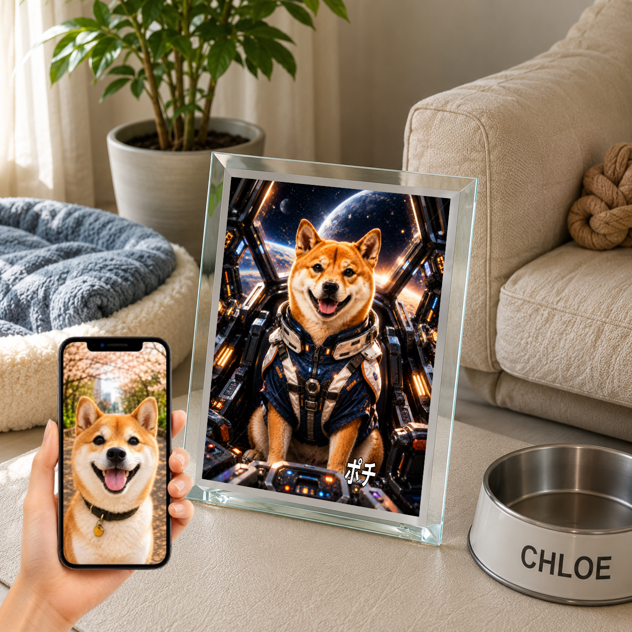 愛犬 写真入り 名入れ ガラスフォトパネル メカパイロット犬 SFアート