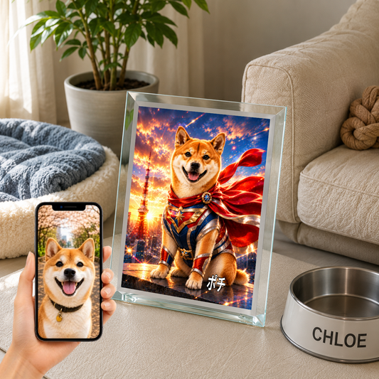 愛犬 写真入り 名入れ ガラスフォトパネル 特撮ヒーロー風 うちの子