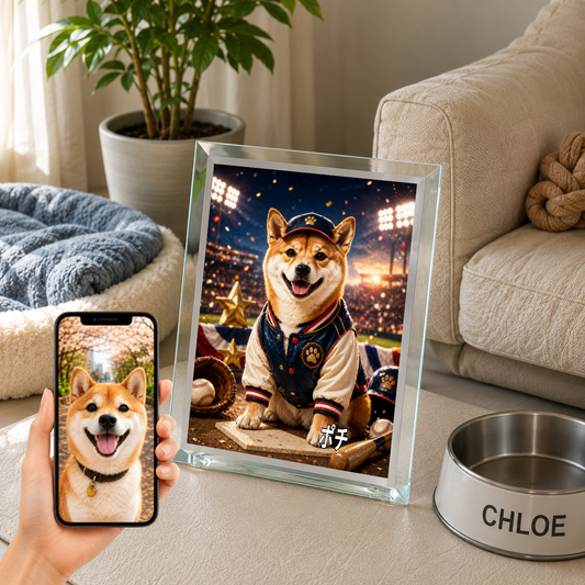 愛犬 写真入り 名入れ ガラスフォトパネル 野球スター犬 スポーツアート