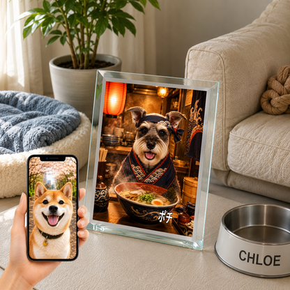 愛犬 写真入り 名入れ ガラスフォトパネル ラーメン職人犬