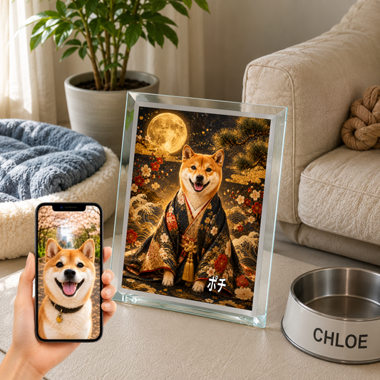 愛犬 写真入り 名入れ ガラスフォトパネル 侍風 黒紺金彩 うちの子アート