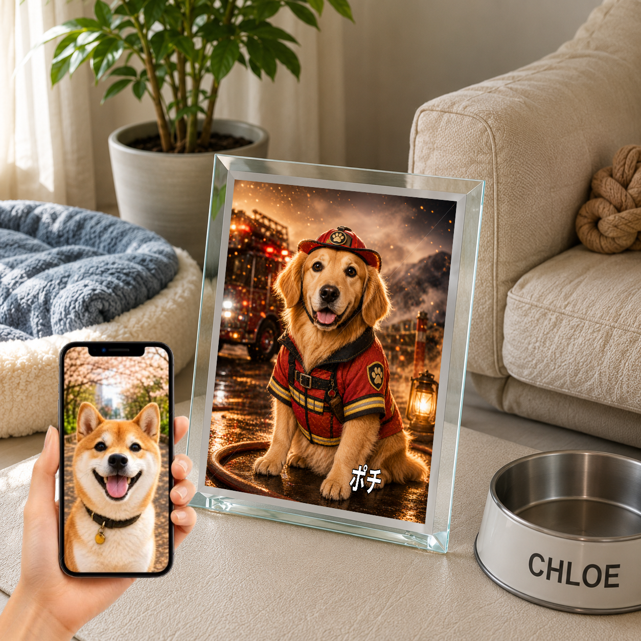 愛犬 写真入り 名入れ ガラスフォトパネル レスキューヒーロー犬
