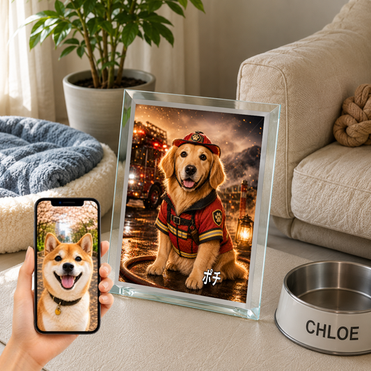 愛犬 写真入り 名入れ ガラスフォトパネル レスキューヒーロー犬