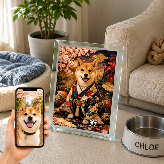 愛犬 写真入り 名入れ ガラスフォトパネル 豪華和装犬 高級うちの子アート