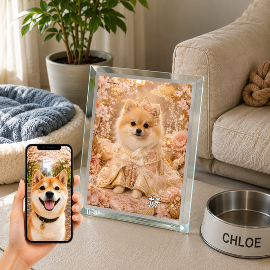 愛犬 写真入り 名入れ ガラスフォトパネル 姫さま犬 和風プリンセス