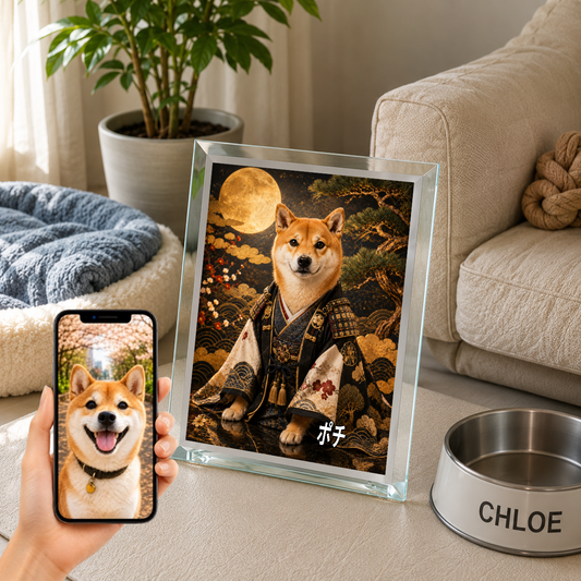 愛犬 写真入り 名入れ ガラスフォトパネル 侍犬 サムライ風アート
