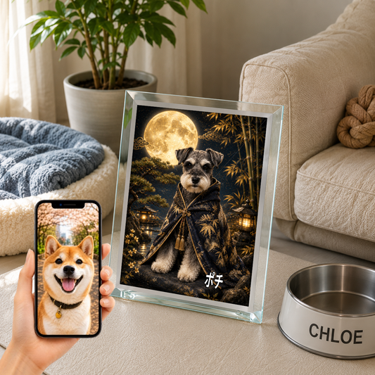 愛犬 写真入り 名入れ ガラスフォトパネル 月夜の守り犬 幻想和風