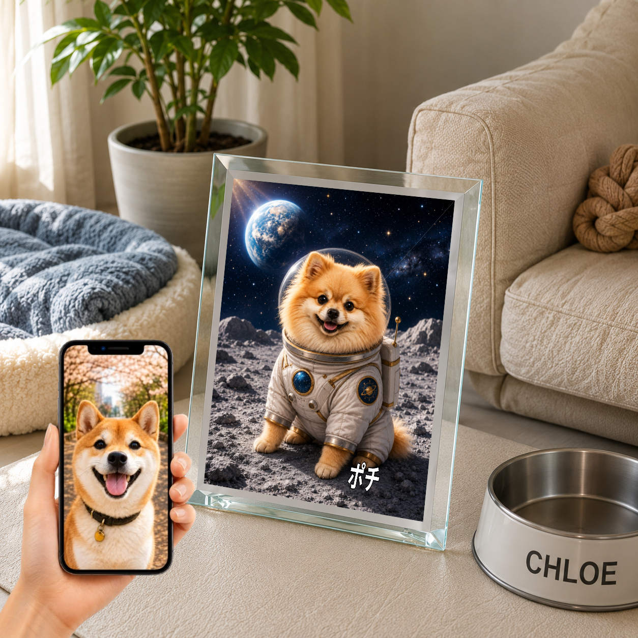 愛犬 写真入り 名入れ ガラスフォトパネル 宇宙飛行士犬 うちの子