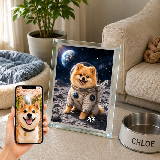 愛犬 写真入り 名入れ ガラスフォトパネル 宇宙飛行士犬 うちの子