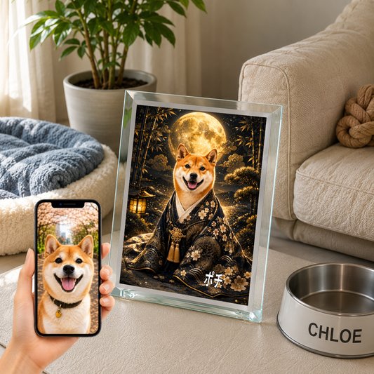 愛犬 写真入り 名入れ ガラスフォトパネル 月夜の守り犬 和風アート