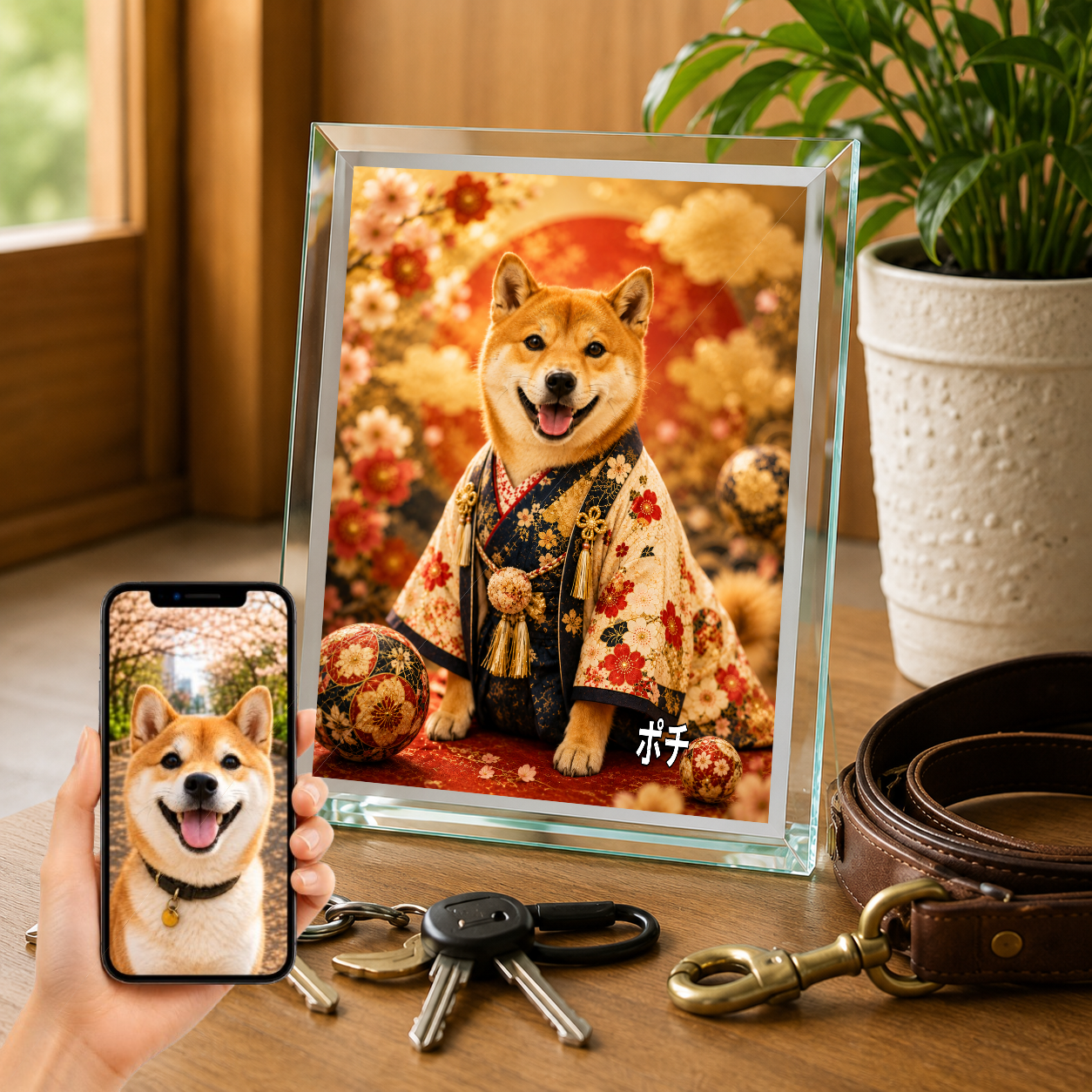 愛犬 写真入り 名入れ ガラスフォトパネル 豪華和装 月夜金彩 うちの子アート