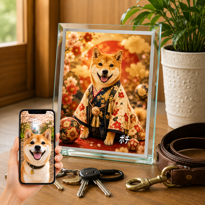 愛犬 写真入り 名入れ ガラスフォトパネル 豪華和装 月夜金彩 うちの子アート
