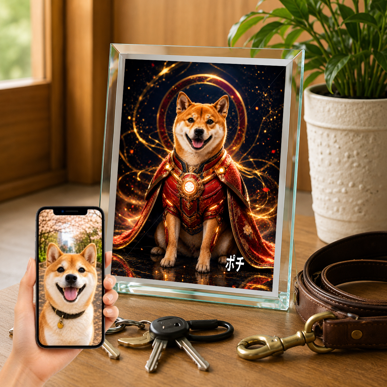 愛犬 写真入り 名入れ ガラスフォトパネル パワードスーツ ヒーロー犬