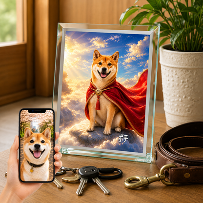 愛犬 写真入り 名入れ ガラスフォトパネル 赤マント ヒーロー犬 うちの子