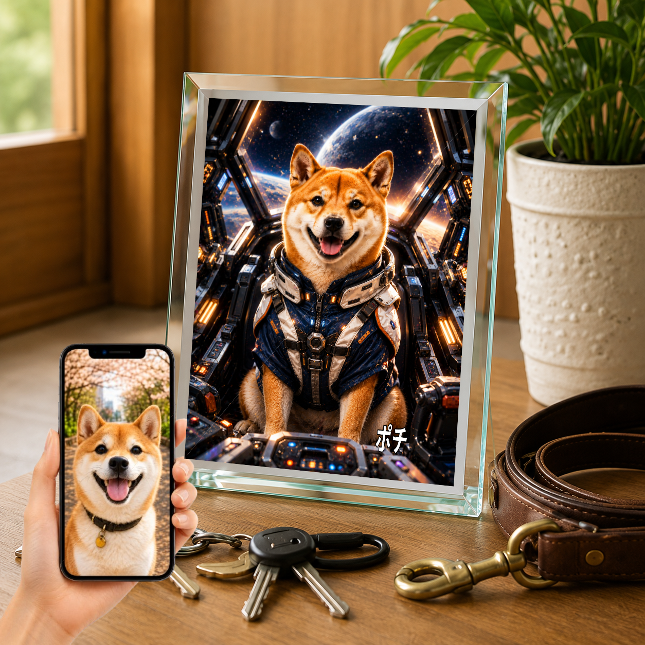 愛犬 写真入り 名入れ ガラスフォトパネル メカパイロット犬 SFアート