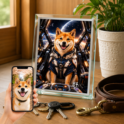 愛犬 写真入り 名入れ ガラスフォトパネル メカパイロット犬 SFアート