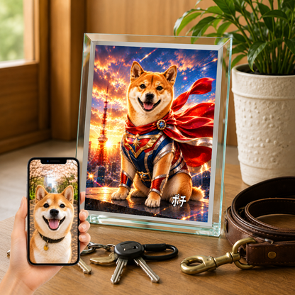 愛犬 写真入り 名入れ ガラスフォトパネル 特撮ヒーロー風 うちの子
