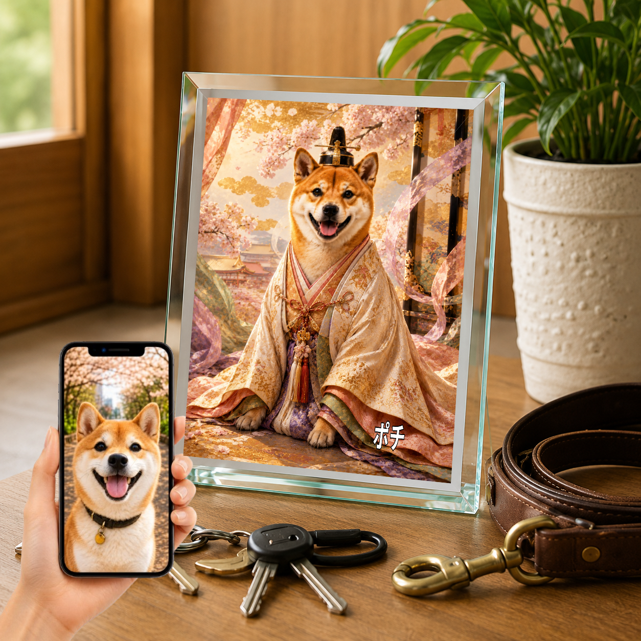 愛犬 写真入り 名入れ ガラスフォトパネル 平安王朝 ロイヤル犬