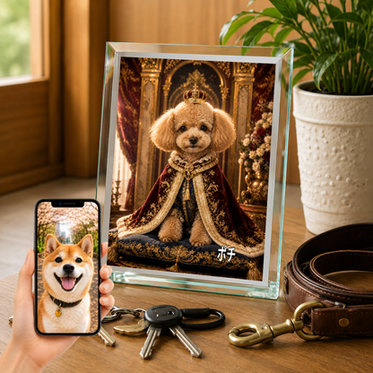 愛犬 写真入り 名入れ ガラスフォトパネル 王様マント犬 ロイヤルアート