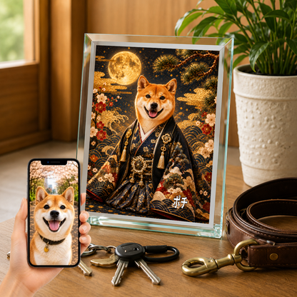 愛犬 写真入り 名入れ ガラスフォトパネル 晴れ着 金屏風 うちの子ギフト
