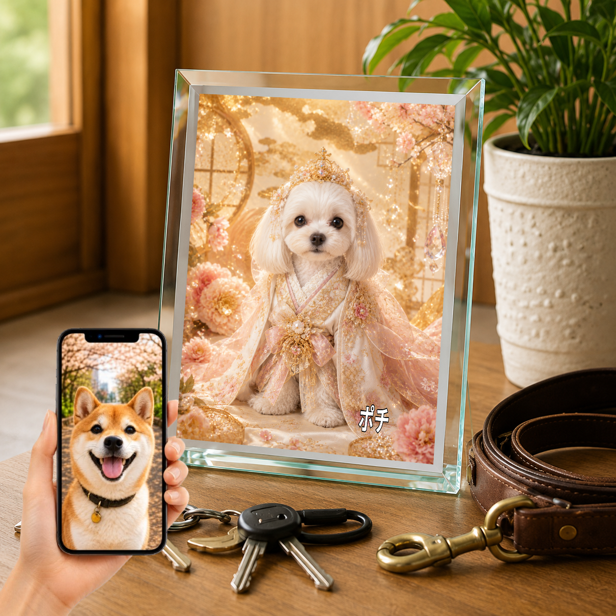 愛犬 写真入り 名入れ ガラスフォトパネル 姫さま犬 プリンセス風