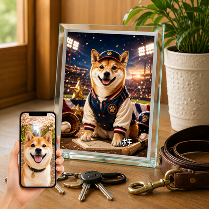 愛犬 写真入り 名入れ ガラスフォトパネル 野球スター犬 スポーツアート