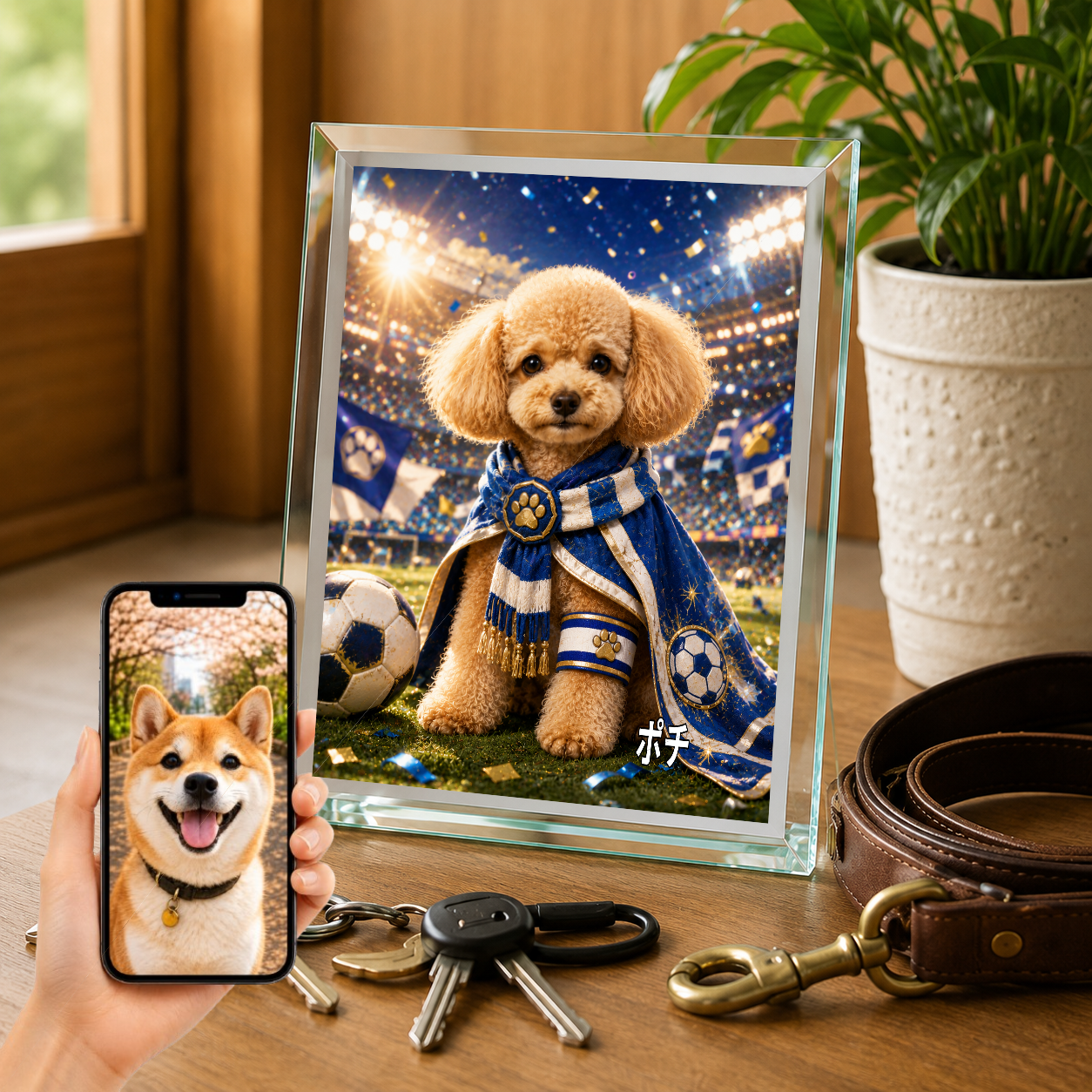 愛犬 写真入り 名入れ ガラスフォトパネル サッカーキャプテン犬