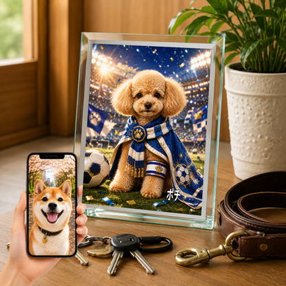 愛犬 写真入り 名入れ ガラスフォトパネル サッカーキャプテン犬