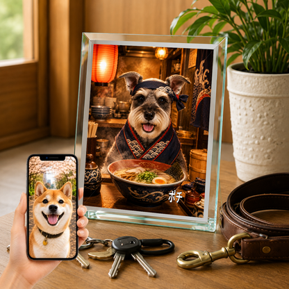 愛犬 写真入り 名入れ ガラスフォトパネル ラーメン職人犬