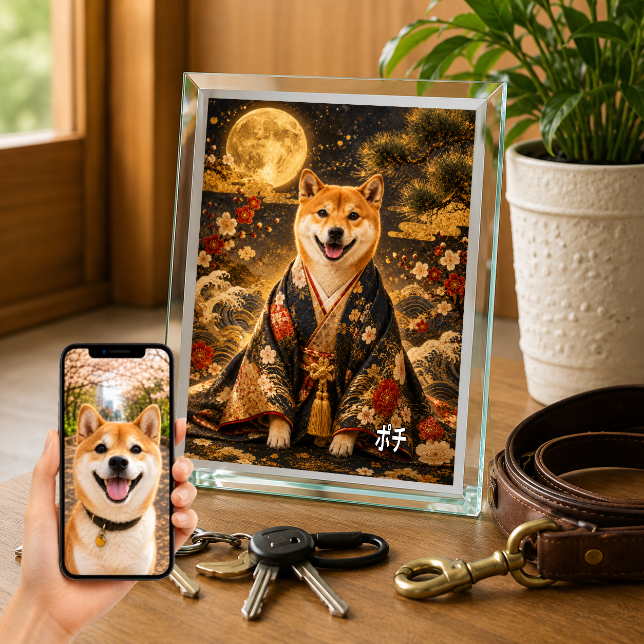 愛犬 写真入り 名入れ ガラスフォトパネル 侍風 黒紺金彩 うちの子アート