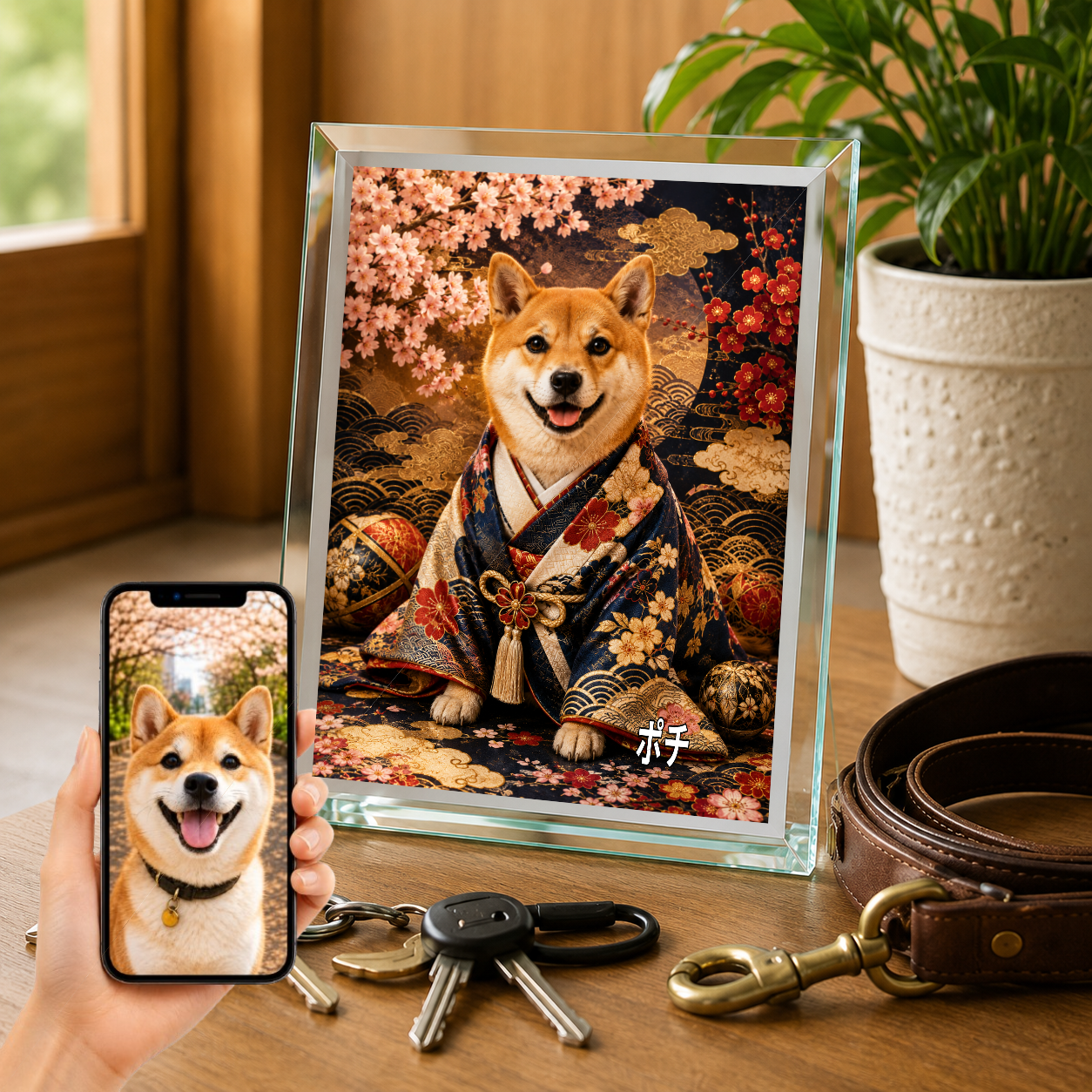 愛犬 写真入り 名入れ ガラスフォトパネル 豪華和装犬 高級うちの子アート