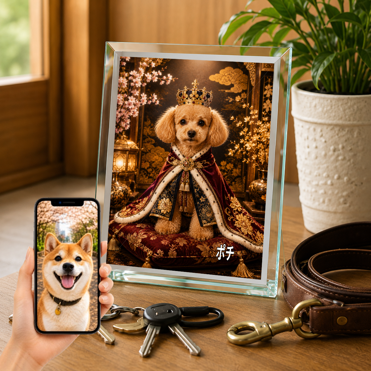 愛犬 写真入り 名入れ ガラスフォトパネル 王様犬 ロイヤルポートレート