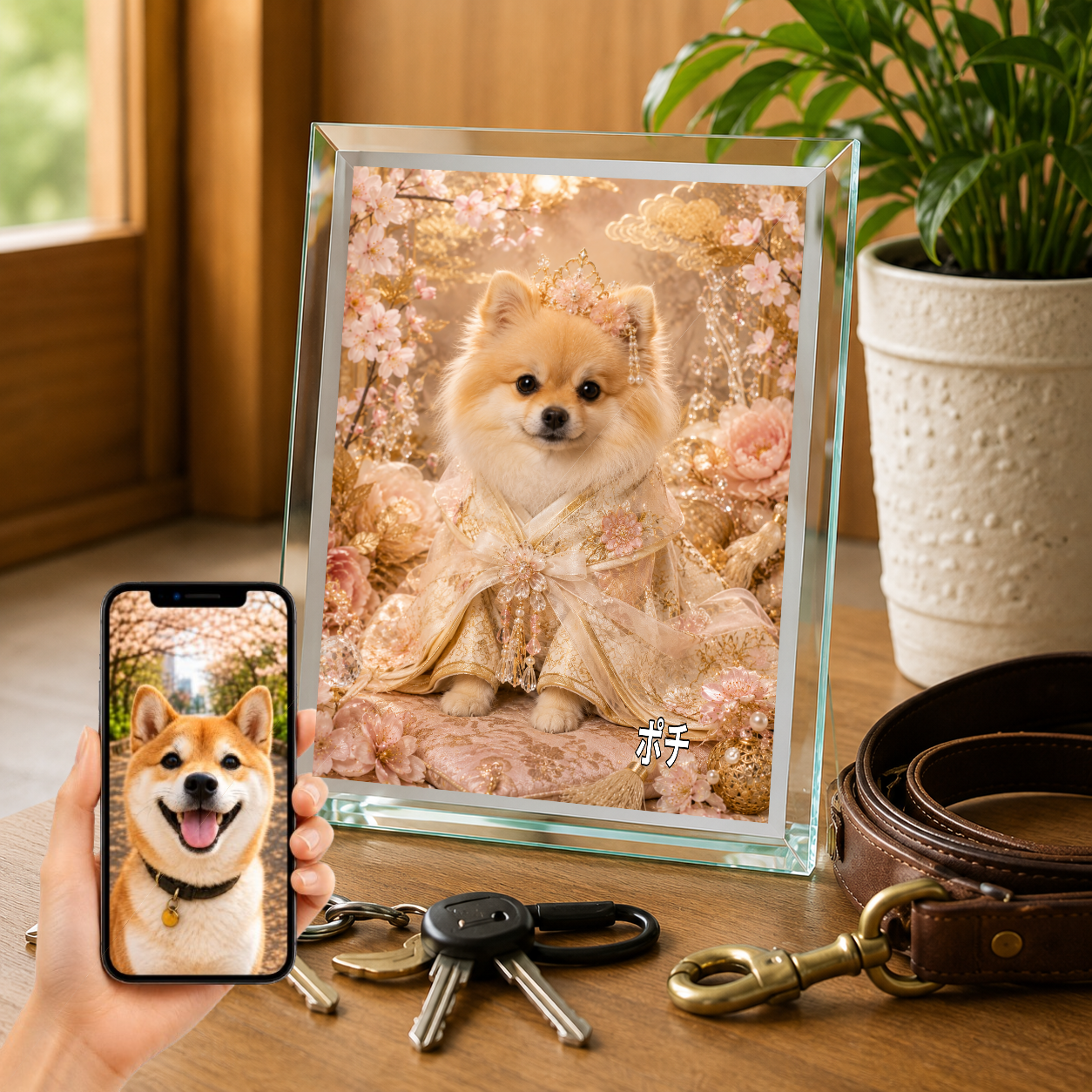 愛犬 写真入り 名入れ ガラスフォトパネル 姫さま犬 和風プリンセス