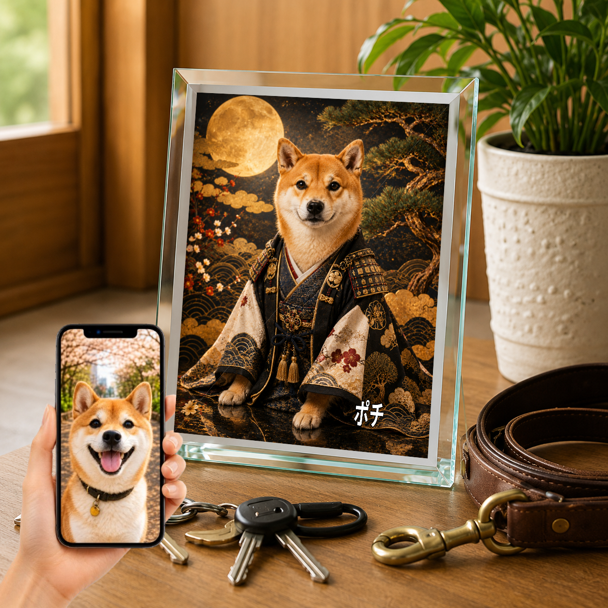 愛犬 写真入り 名入れ ガラスフォトパネル 侍犬 サムライ風アート