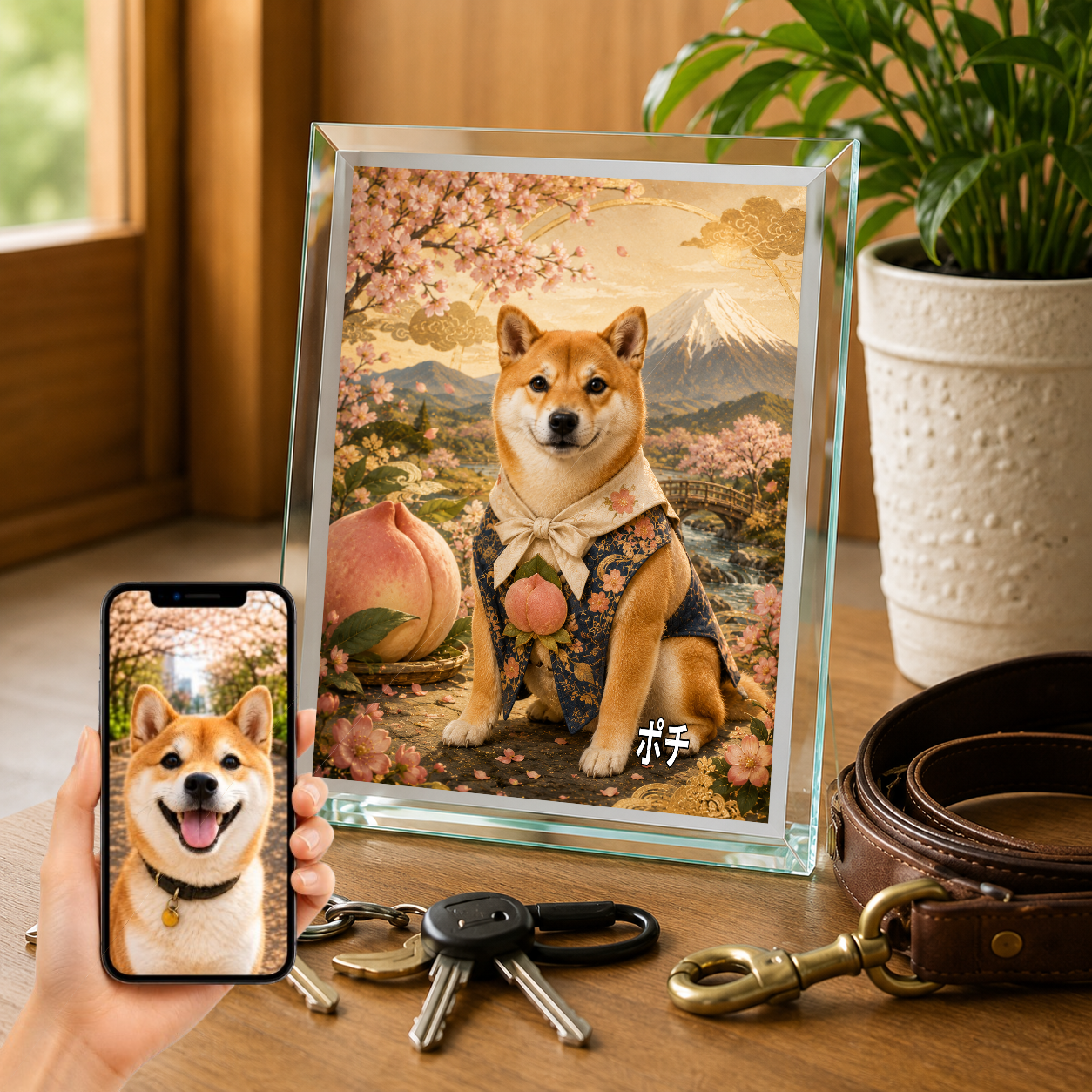 愛犬 写真入り 名入れ ガラスフォトパネル 桃太郎の相棒犬