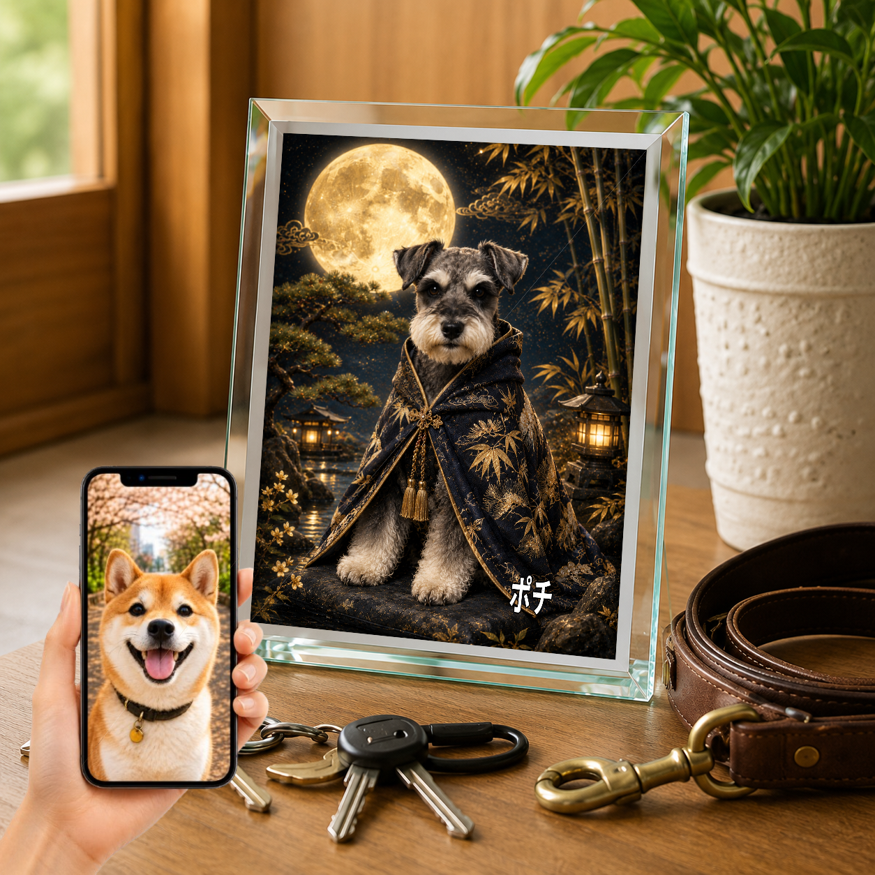 愛犬 写真入り 名入れ ガラスフォトパネル 月夜の守り犬 幻想和風