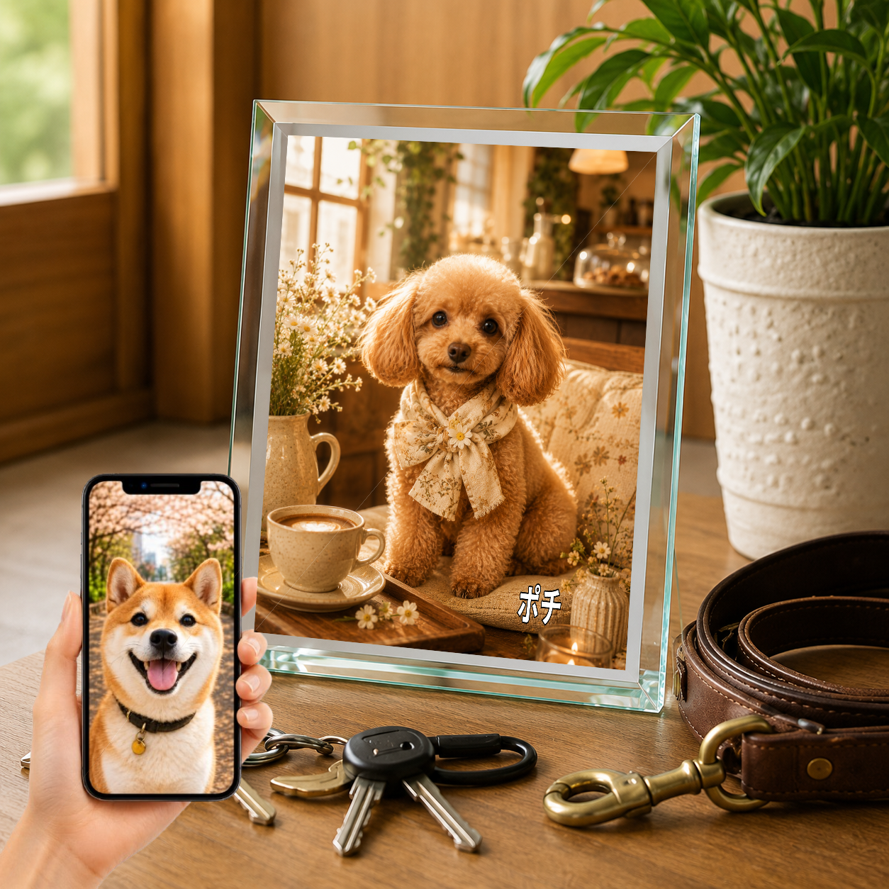 愛犬 写真入り 名入れ ガラスフォトパネル カフェのうちの子