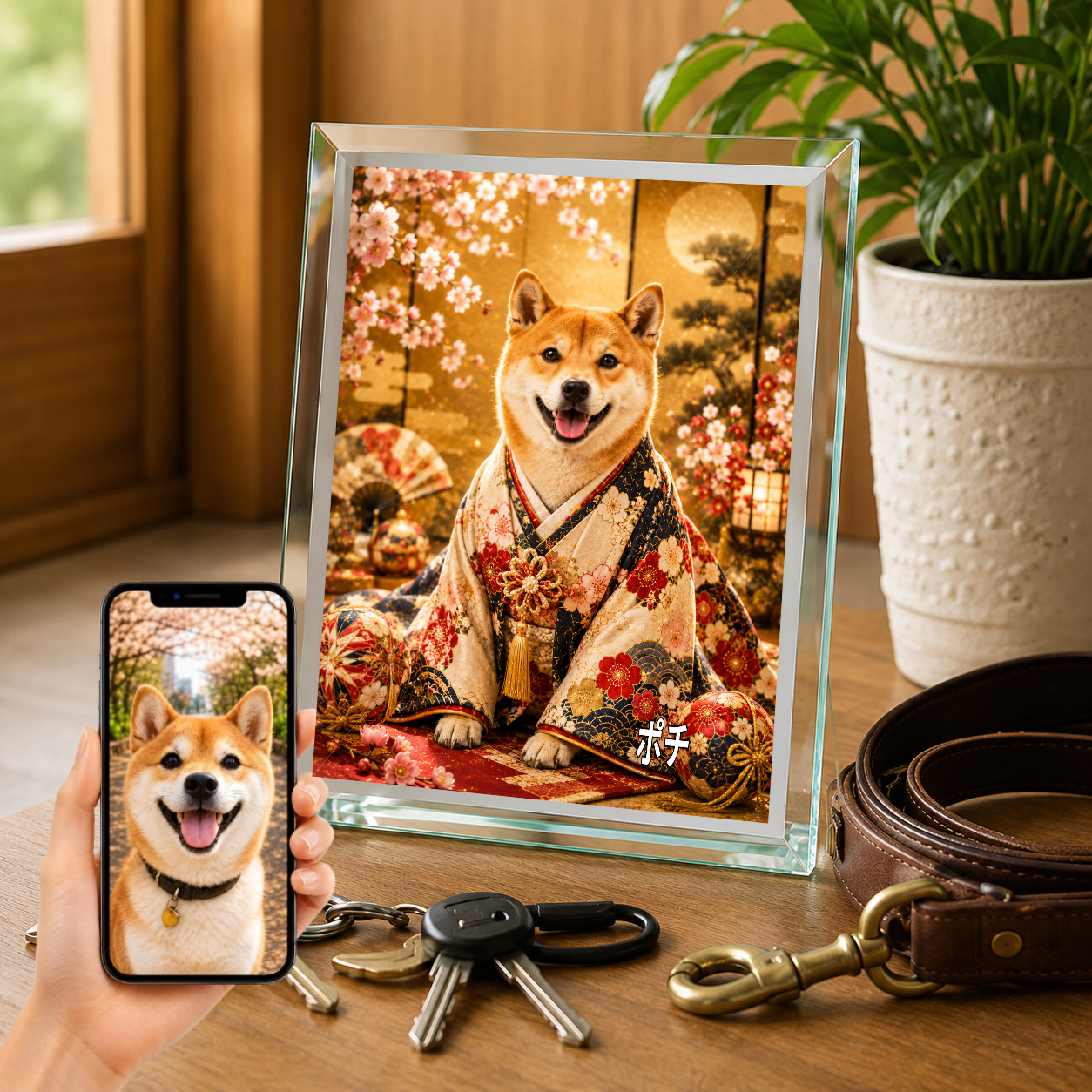 愛犬 写真入り 名入れ ガラスフォトパネル 桜と毬 華やか和装アート
