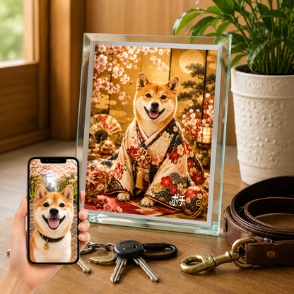 愛犬 写真入り 名入れ ガラスフォトパネル 桜と毬 華やか和装アート