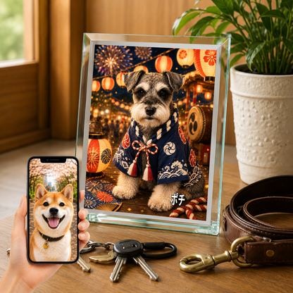 愛犬 写真入り 名入れ ガラスフォトパネル 夏祭り犬 浴衣風アート