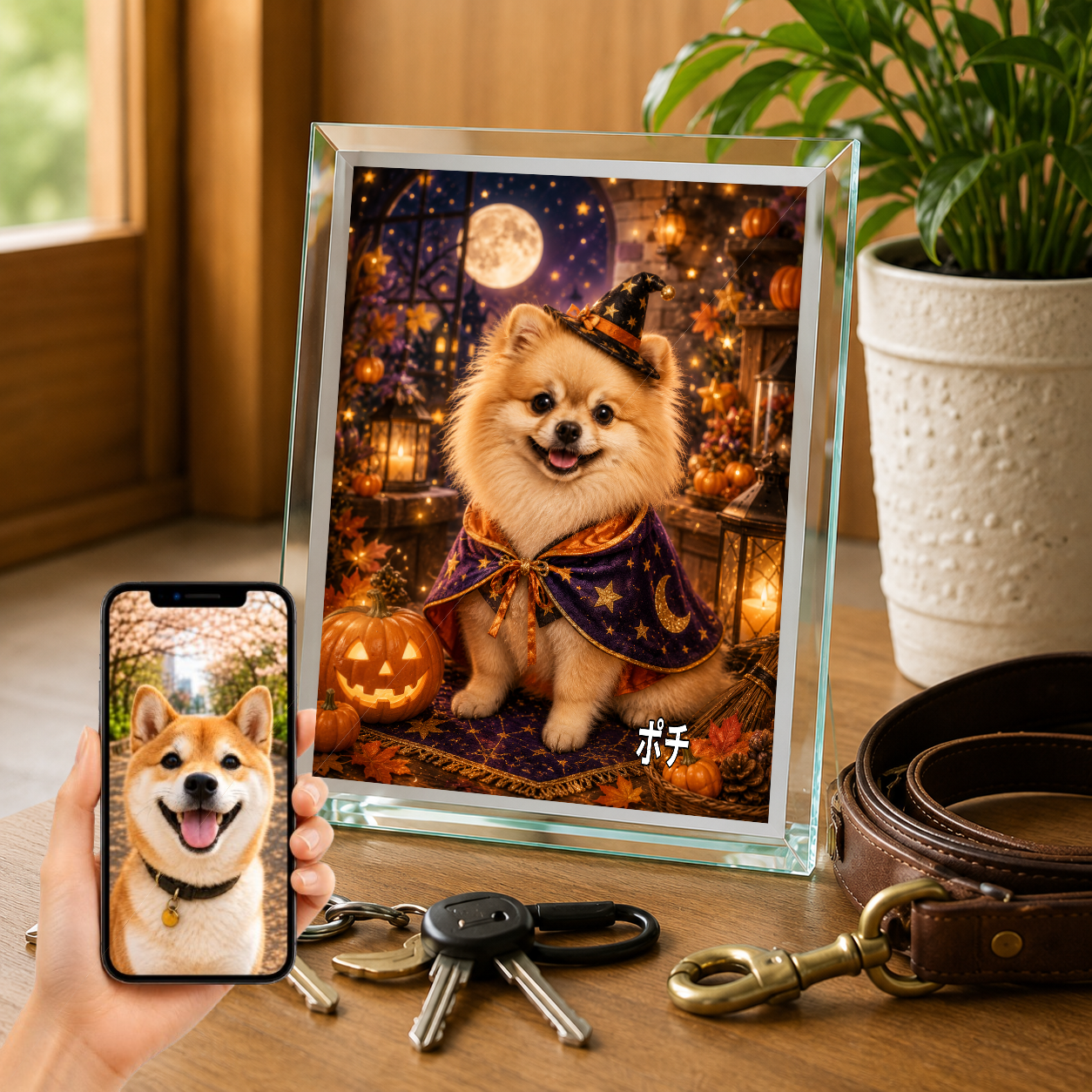 愛犬 写真入り 名入れ ガラスフォトパネル ハロウィン魔法犬