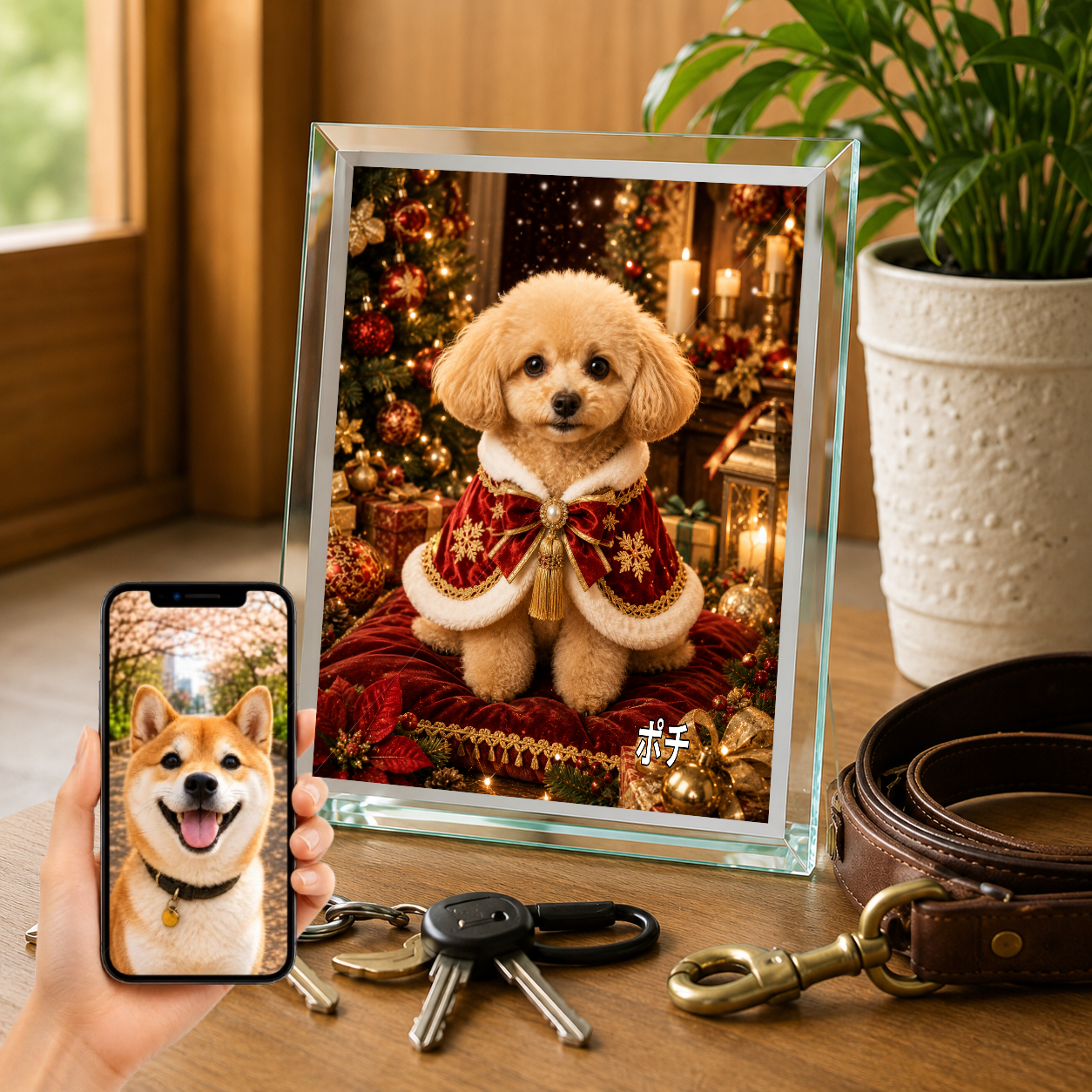 愛犬 写真入り 名入れ ガラスフォトパネル クリスマス王子犬