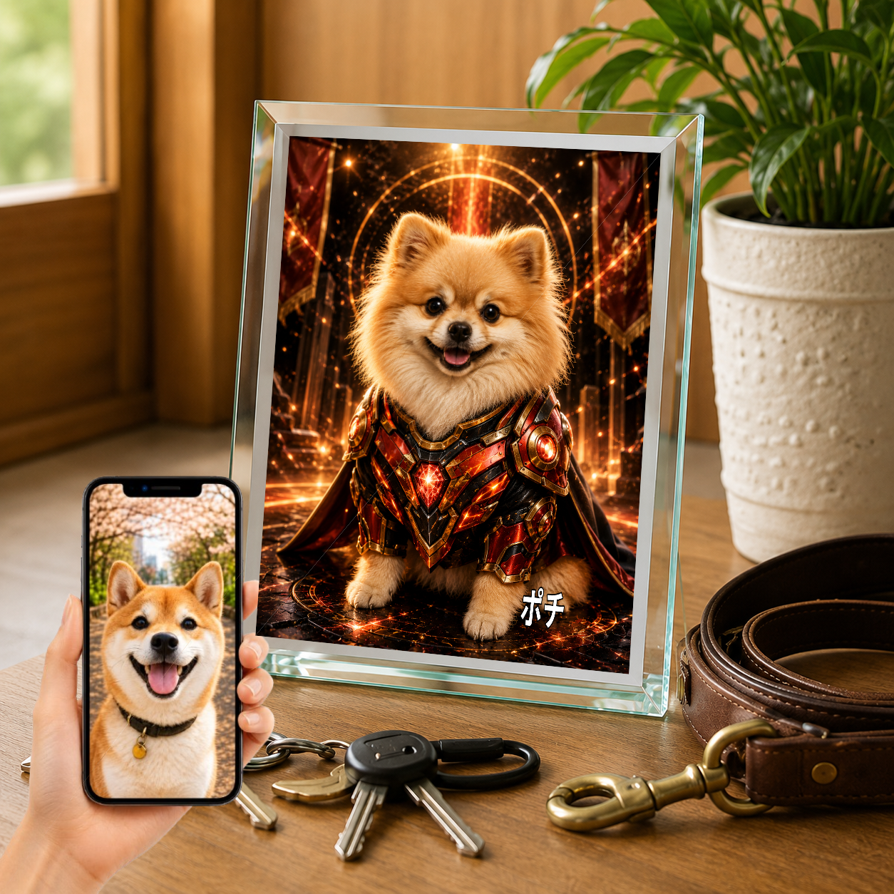 愛犬 写真入り 名入れ ガラスフォトパネル パワードスーツヒーロー犬