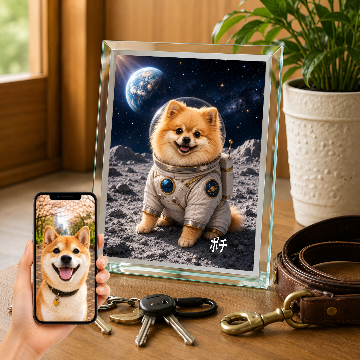 愛犬 写真入り 名入れ ガラスフォトパネル 宇宙飛行士犬 うちの子